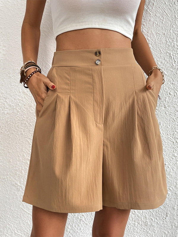 Women’s Solid Color Pleated High Waist Linen Shorts - THE QUEEN RUNWAY