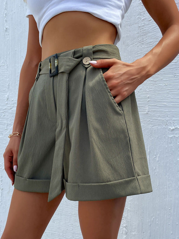 Women’s Solid Color Belted High Waist Shorts - THE QUEEN RUNWAY