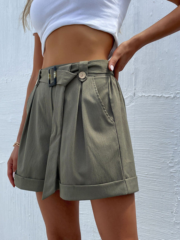 Women’s Solid Color Belted High Waist Shorts - THE QUEEN RUNWAY