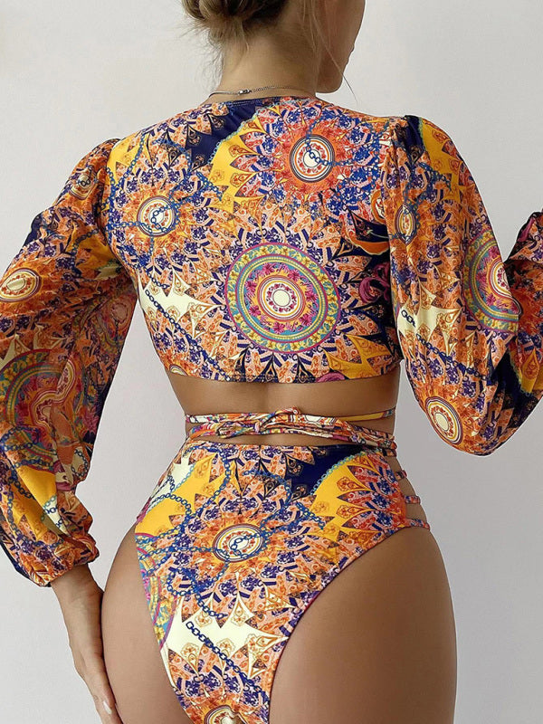 Women's Ethnic Printed Mesh Long Sleeve Bikini Set - THE QUEEN RUNWAY