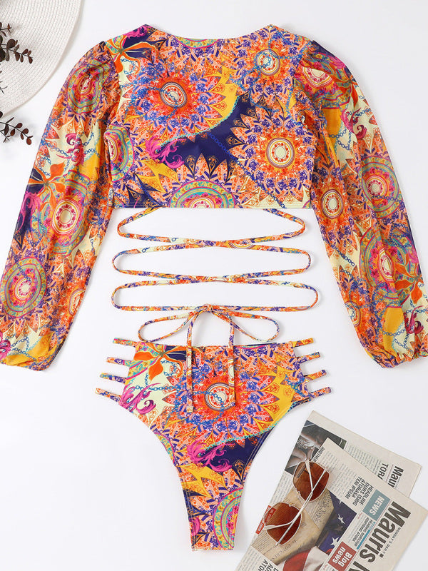 Women's Ethnic Printed Mesh Long Sleeve Bikini Set - THE QUEEN RUNWAY