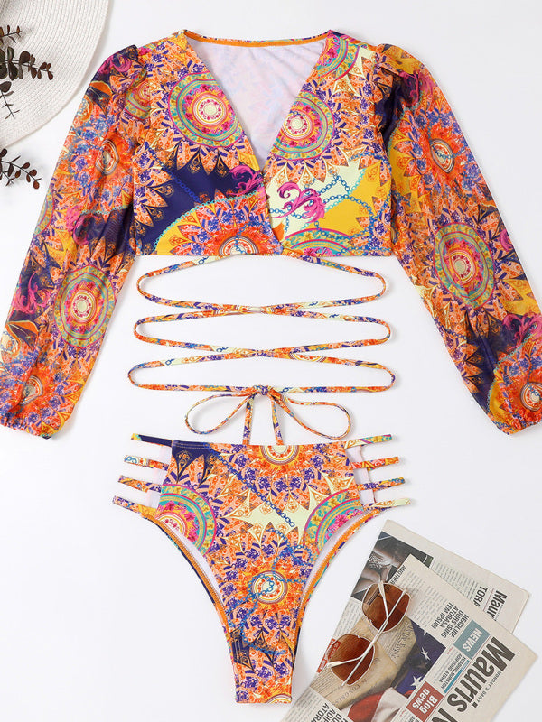 Women's Ethnic Printed Mesh Long Sleeve Bikini Set - THE QUEEN RUNWAY