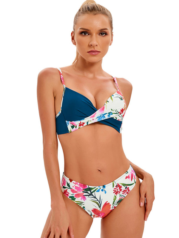 Women's Media Solid Color With Floral Print Split Bikini Top And Matching Buttom Swimming Set - THE QUEEN RUNWAY