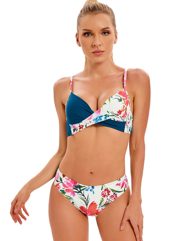 Women's Media Solid Color With Floral Print Split Bikini Top And Matching Buttom Swimming Set - THE QUEEN RUNWAY
