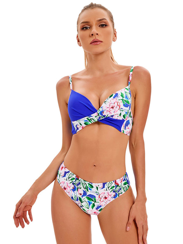Women's Media Solid Color With Floral Print Split Bikini Top And Matching Buttom Swimming Set - THE QUEEN RUNWAY