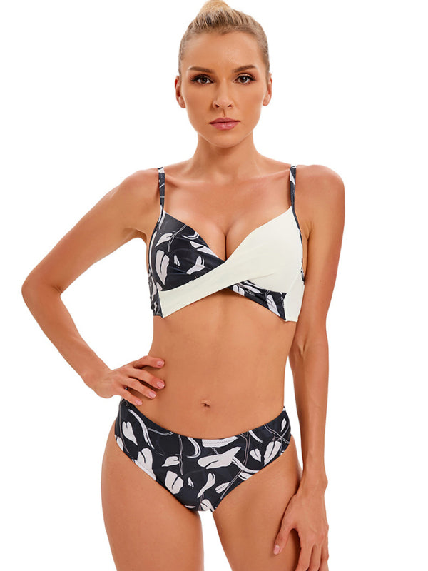 Women's Media Solid Color With Floral Print Split Bikini Top And Matching Buttom Swimming Set - THE QUEEN RUNWAY