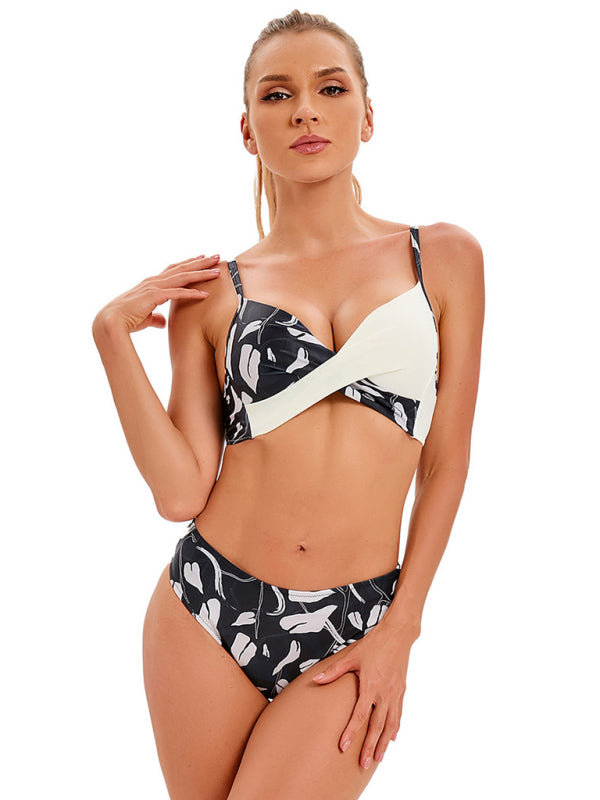 Women's Media Solid Color With Floral Print Split Bikini Top And Matching Buttom Swimming Set - THE QUEEN RUNWAY