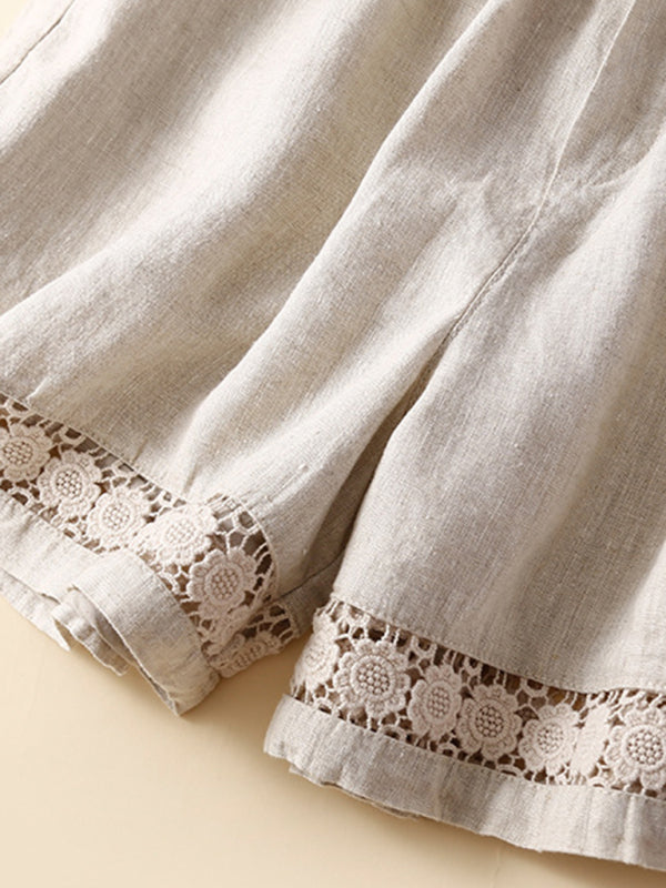Women's woven cotton linen hollow lace loose shorts - THE QUEEN RUNWAY