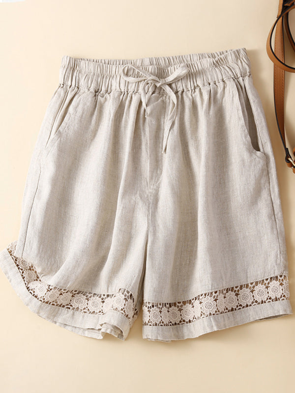 Women's woven cotton linen hollow lace loose shorts - THE QUEEN RUNWAY
