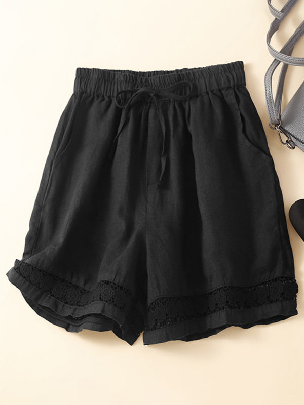 Women's woven cotton linen hollow lace loose shorts - THE QUEEN RUNWAY