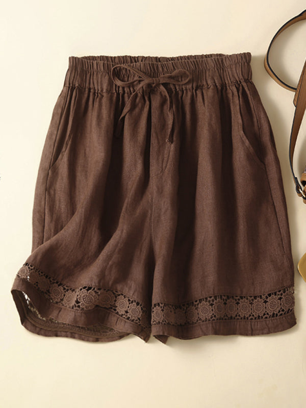 Women's woven cotton linen hollow lace loose shorts - THE QUEEN RUNWAY