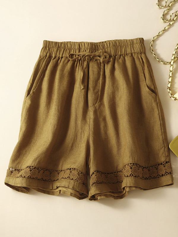 Women's woven cotton linen hollow lace loose shorts - THE QUEEN RUNWAY