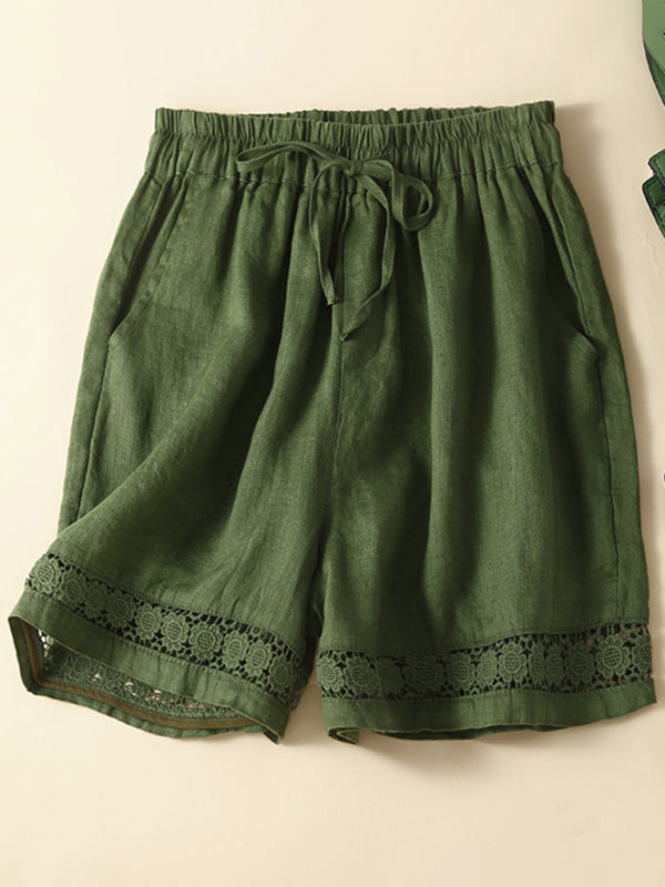 Women's woven cotton linen hollow lace loose shorts - THE QUEEN RUNWAY