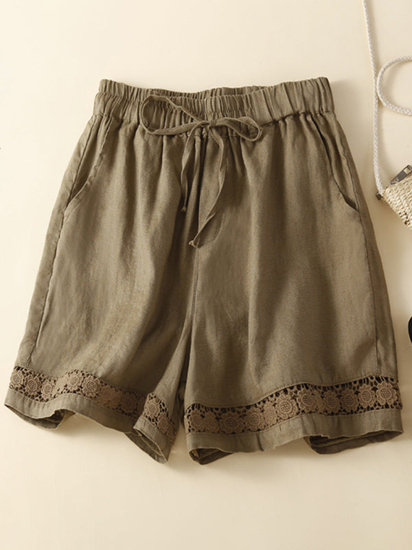 Women's woven cotton linen hollow lace loose shorts - THE QUEEN RUNWAY