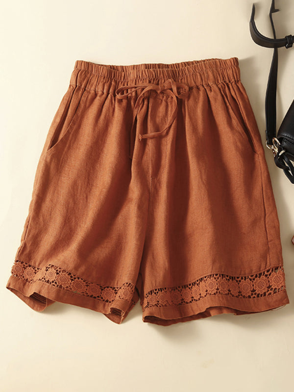 Women's woven cotton linen hollow lace loose shorts - THE QUEEN RUNWAY