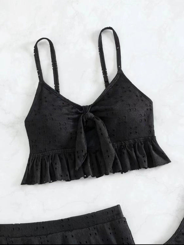 Women's Solid Color Eyelet Tie Front Ruffle Crop Tank With Matching Ruffle Hem Mini Skirt - THE QUEEN RUNWAY