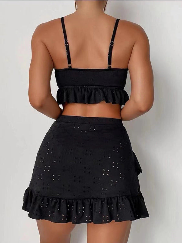 Women's Solid Color Eyelet Tie Front Ruffle Crop Tank With Matching Ruffle Hem Mini Skirt - THE QUEEN RUNWAY