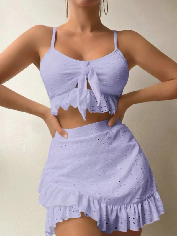Women's Solid Color Eyelet Tie Front Ruffle Crop Tank With Matching Ruffle Hem Mini Skirt - THE QUEEN RUNWAY
