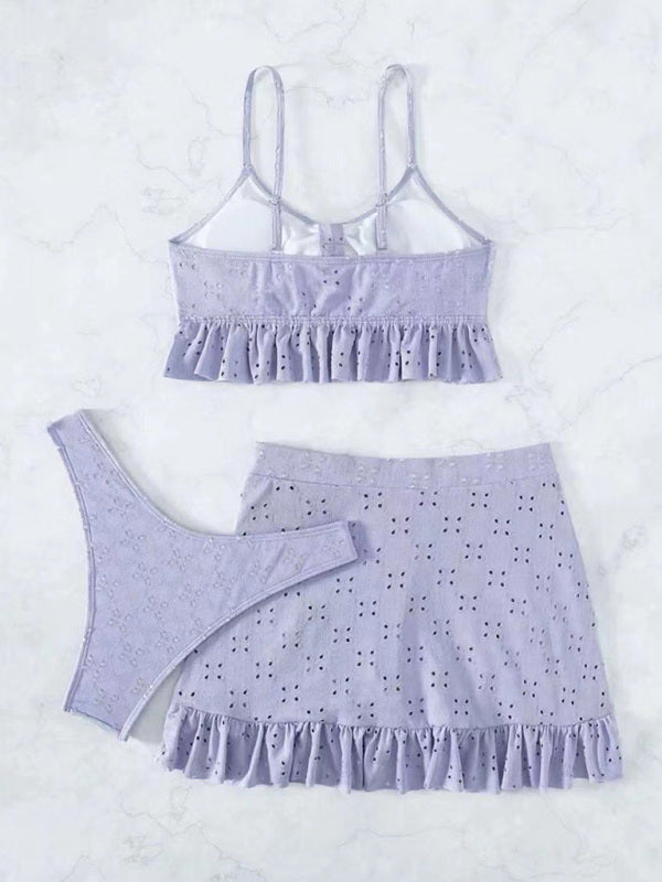 Women's Solid Color Eyelet Tie Front Ruffle Crop Tank With Matching Ruffle Hem Mini Skirt - THE QUEEN RUNWAY