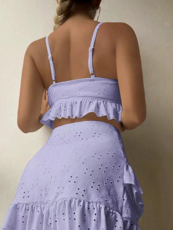 Women's Solid Color Eyelet Tie Front Ruffle Crop Tank With Matching Ruffle Hem Mini Skirt - THE QUEEN RUNWAY