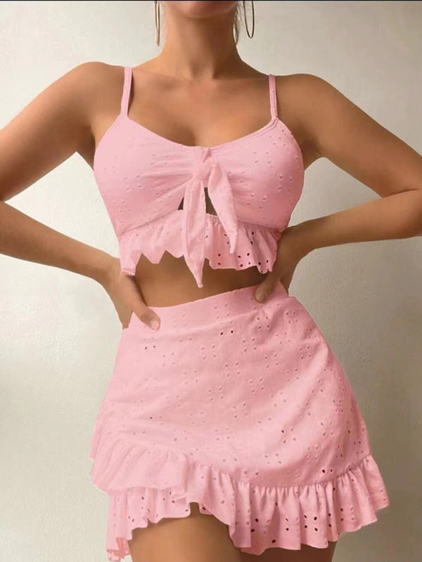 Women's Solid Color Eyelet Tie Front Ruffle Crop Tank With Matching Ruffle Hem Mini Skirt - THE QUEEN RUNWAY