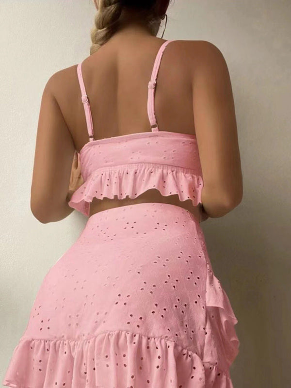 Women's Solid Color Eyelet Tie Front Ruffle Crop Tank With Matching Ruffle Hem Mini Skirt - THE QUEEN RUNWAY
