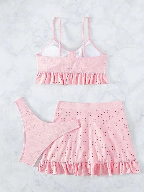 Women's Solid Color Eyelet Tie Front Ruffle Crop Tank With Matching Ruffle Hem Mini Skirt - THE QUEEN RUNWAY