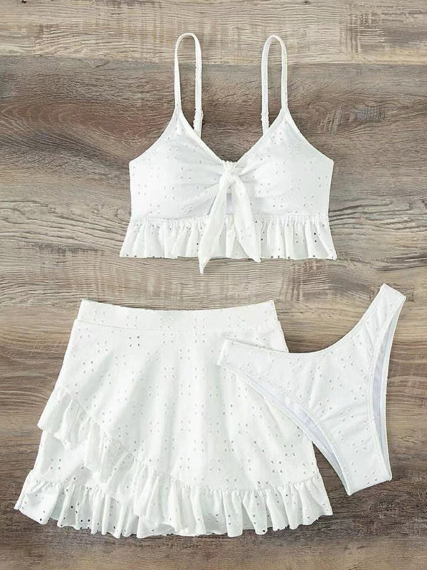 Women's Solid Color Eyelet Tie Front Ruffle Crop Tank With Matching Ruffle Hem Mini Skirt - THE QUEEN RUNWAY
