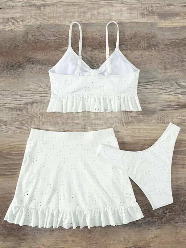 Women's Solid Color Eyelet Tie Front Ruffle Crop Tank With Matching Ruffle Hem Mini Skirt - THE QUEEN RUNWAY