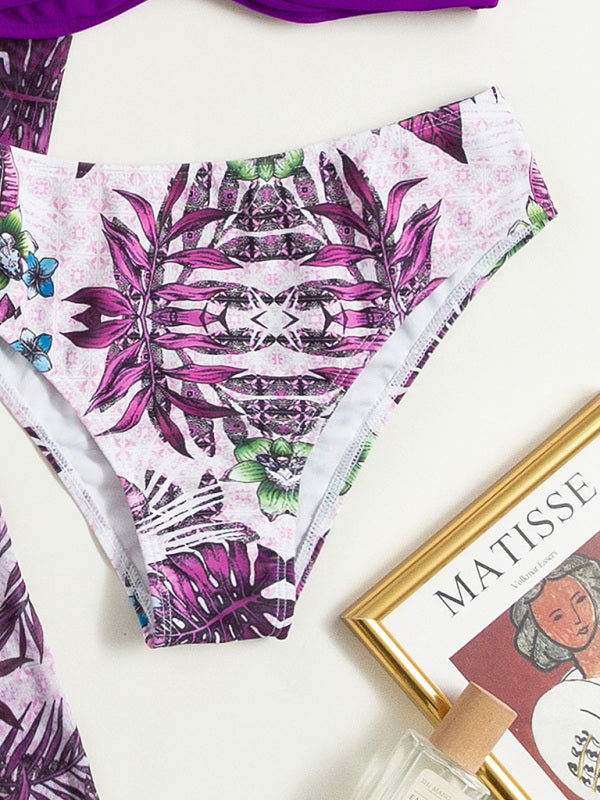 Women's High Waist Printed Three Piece Bikini With Mesh Cape Split Cover-up - THE QUEEN RUNWAY
