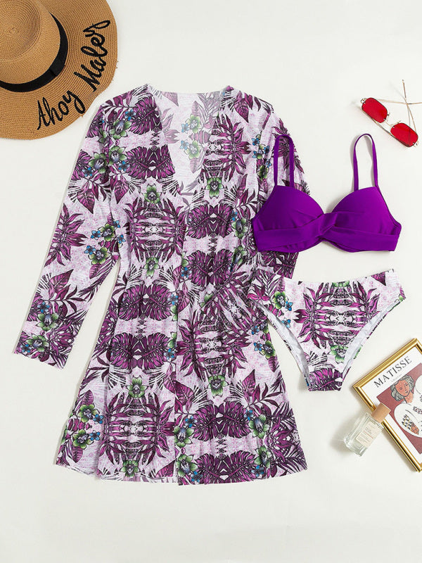Women's High Waist Printed Three Piece Bikini With Mesh Cape Split Cover-up - THE QUEEN RUNWAY