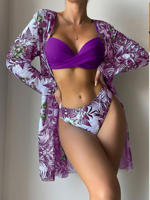 Women's High Waist Printed Three Piece Bikini With Mesh Cape Split Cover-up - THE QUEEN RUNWAY