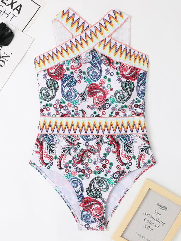 Women's Sexy Peris Print Cross Neck One Piece Swimsuit - THE QUEEN RUNWAY