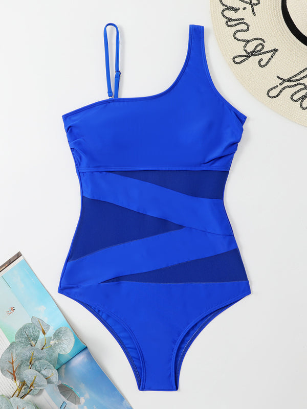 Women's Solid Color One-Shoulder One-Piece Swimsuit - THE QUEEN RUNWAY