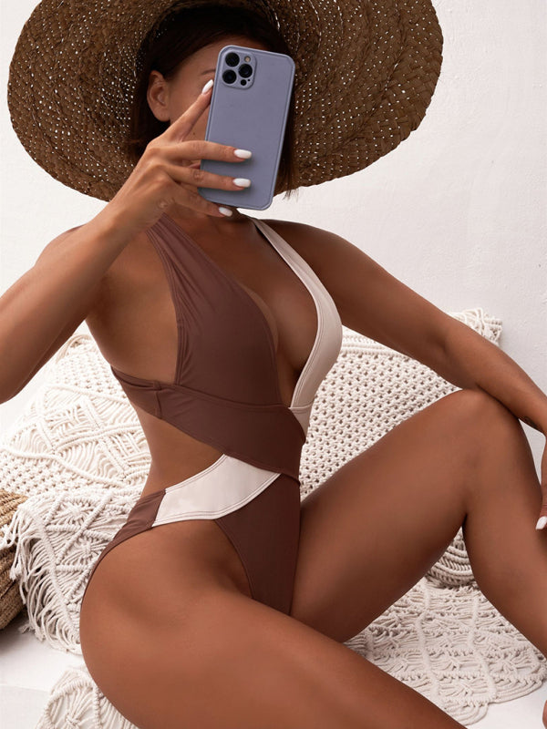 Women's Bi-Color Plunge One-Piece Swimming Suit - THE QUEEN RUNWAY