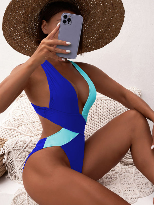 Women's Bi-Color Plunge One-Piece Swimming Suit - THE QUEEN RUNWAY
