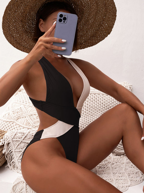 Women's Bi-Color Plunge One-Piece Swimming Suit - THE QUEEN RUNWAY
