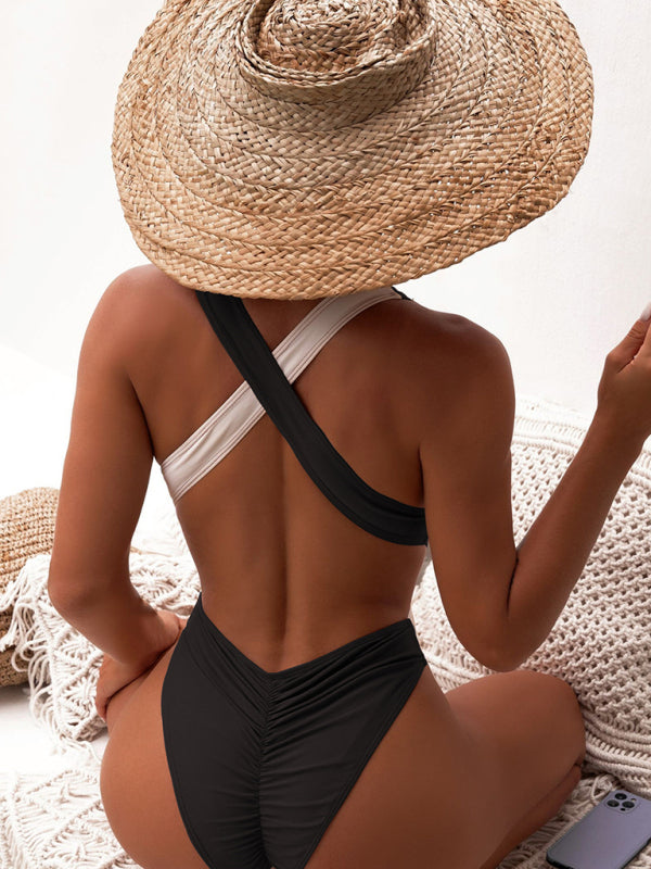 Women's Bi-Color Plunge One-Piece Swimming Suit - THE QUEEN RUNWAY