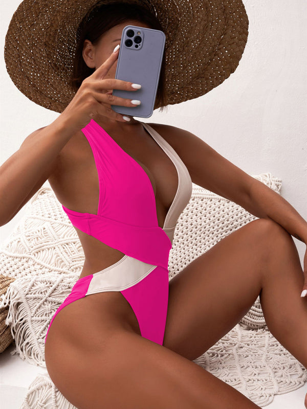 Women's Bi-Color Plunge One-Piece Swimming Suit - THE QUEEN RUNWAY