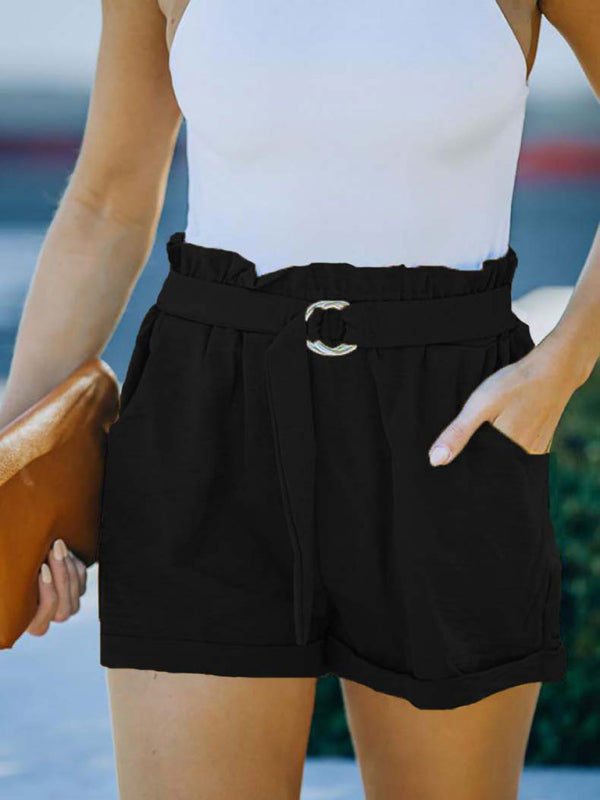 Women's Solid Color Belted Linen Shorts - THE QUEEN RUNWAY