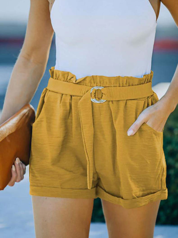 Women's Solid Color Belted Linen Shorts - THE QUEEN RUNWAY