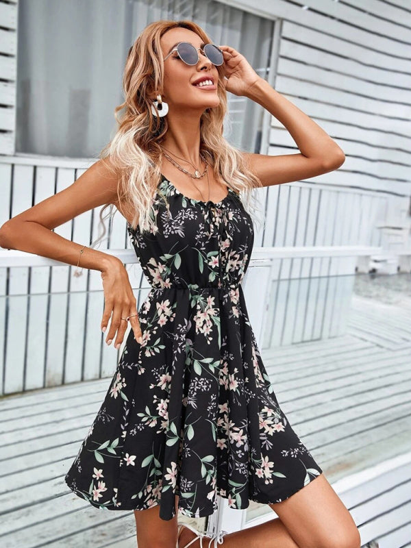 Summer New Elegant Sleeveless Dress Pullover Print Elastic Waist Suspender Skirt - THE QUEEN RUNWAY