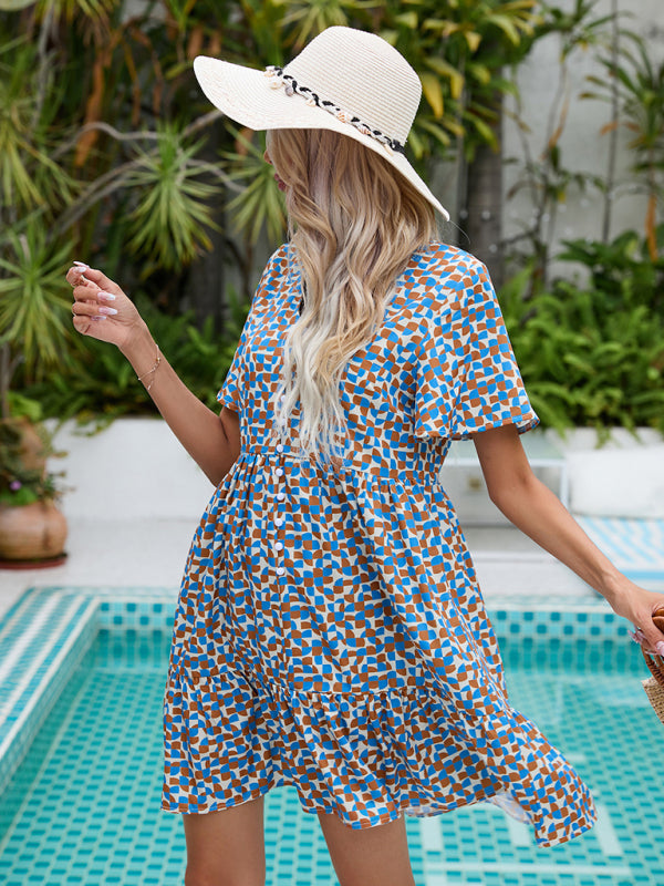 Summer Loose Vacation V Neck Fashion Short Sleeve Breasted Dress - THE QUEEN RUNWAY