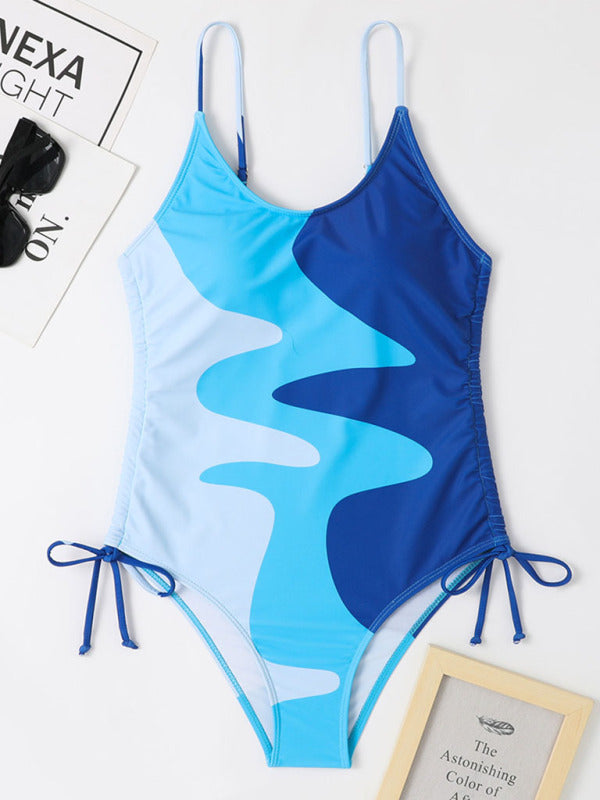 New One-Piece Swimsuit Multicolor Stitching Drawstring Corrugated Ladies Swimsuit - THE QUEEN RUNWAY