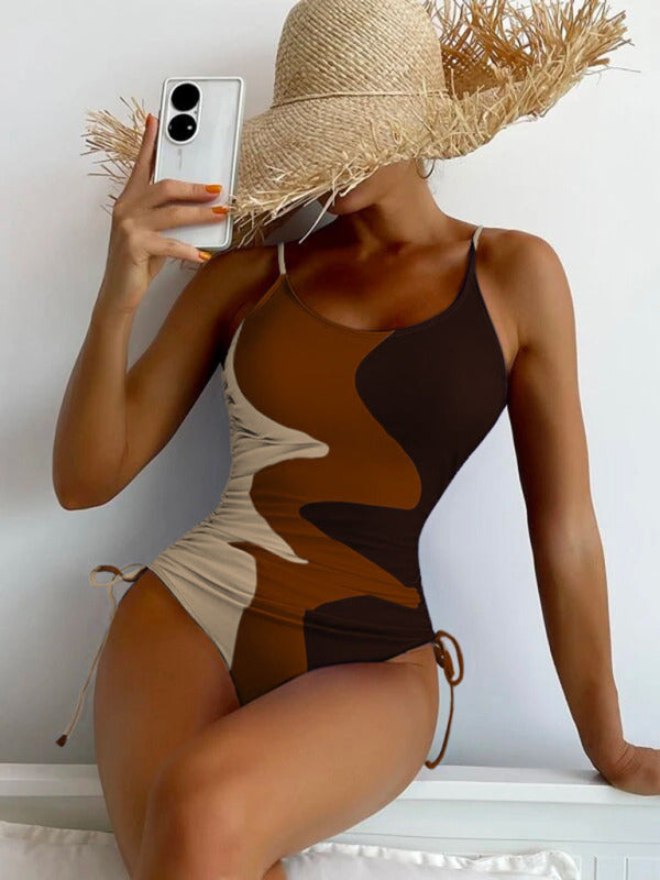 New One-Piece Swimsuit Multicolor Stitching Drawstring Corrugated Ladies Swimsuit - THE QUEEN RUNWAY