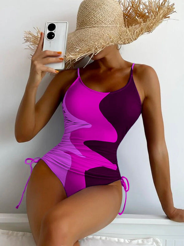 New One-Piece Swimsuit Multicolor Stitching Drawstring Corrugated Ladies Swimsuit - THE QUEEN RUNWAY