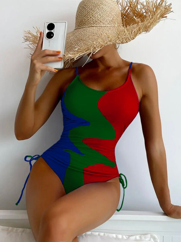 New One-Piece Swimsuit Multicolor Stitching Drawstring Corrugated Ladies Swimsuit - THE QUEEN RUNWAY