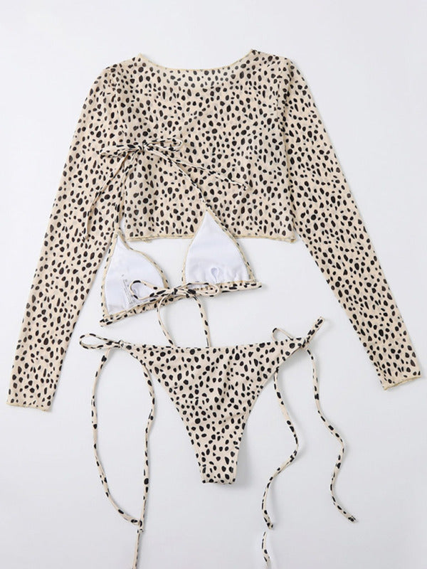 New swimwear long-sleeved mesh jacket ladies three-piece swimsuit leopard print sexy bikini - THE QUEEN RUNWAY