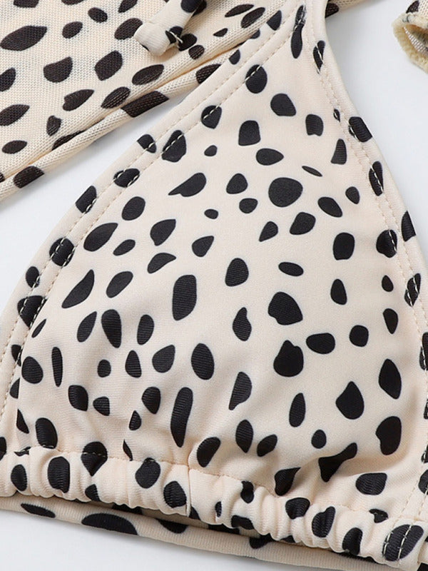 New swimwear long-sleeved mesh jacket ladies three-piece swimsuit leopard print sexy bikini - THE QUEEN RUNWAY