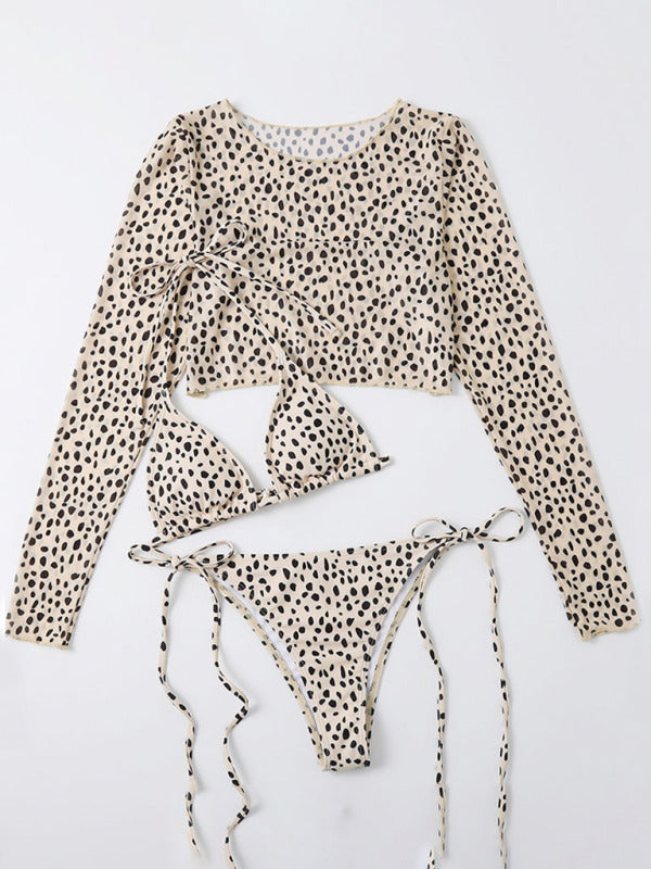 New swimwear long-sleeved mesh jacket ladies three-piece swimsuit leopard print sexy bikini - THE QUEEN RUNWAY